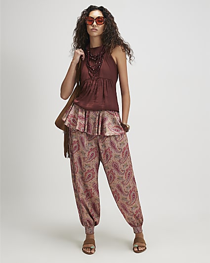 Red Paisley Satin Balloon Trousers