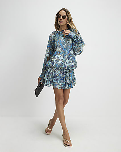 Blue Paisley Metallic Mini Dress