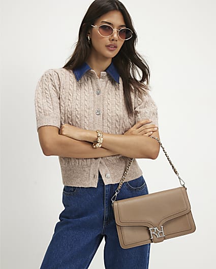 Beige Cable Knit Hybrid Polo Top