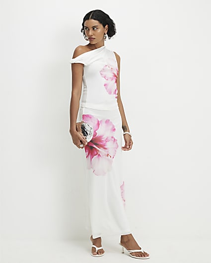 White Mesh Floral Print Maxi Skirt