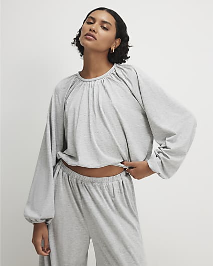 Grey Long Sleeve Ruched Bubble Hem Top