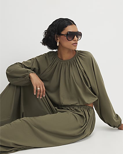 Khaki Cotton Blend Long Sleeve Bubble Hem Top