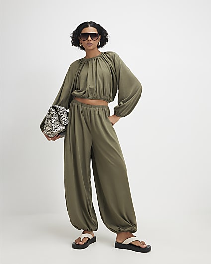 Khaki Cotton Blend Bubble Hem Trousers