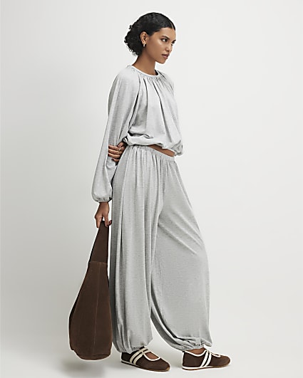 Grey Ruched Bubble Hem Trousers