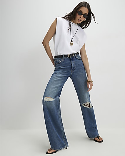 Blue Ripped Relaxed Straight Jeans