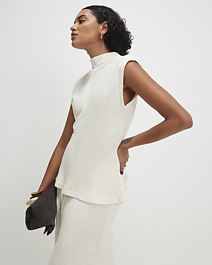 Cream Textured Grown On Neck Top