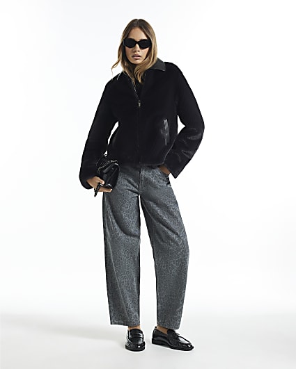 Grey Leopard Print Barrel Leg Jeans