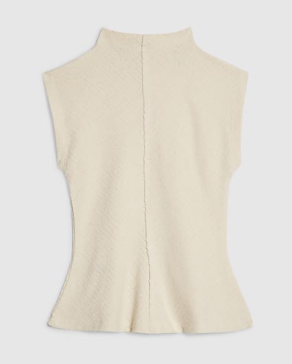 Petite Cream Textured Grown On Neck Top