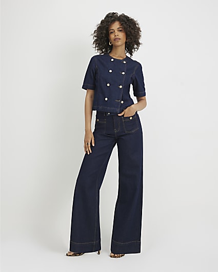 Blue High Waisted Front Pocket Palazzo Jeans