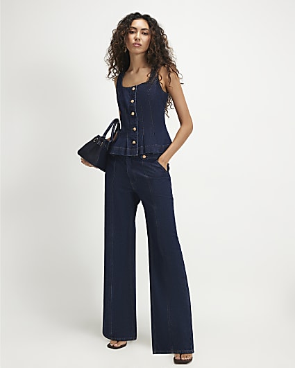 Blue Button Wide Leg Jeans
