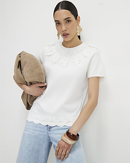 White Cotton Embroidered Trim T-Shirt
