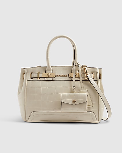 Cream Lock Front Crocodile Print Tote Bag