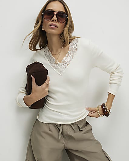White Long Sleeve Ribbed Lace Trim Top