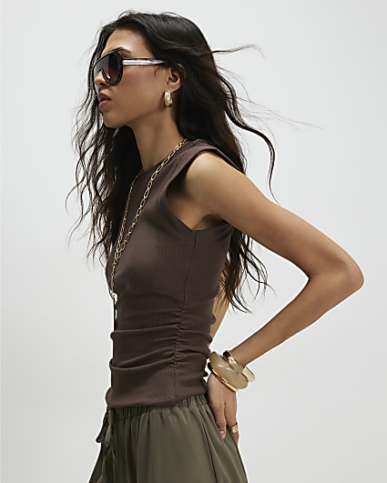 Brown Wide Cuff Fitted Tank Top