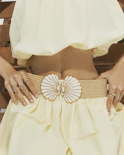 Beige Raffia Beaded Shell Belt