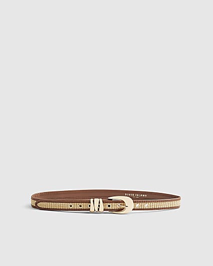 Beige Raffia Faux Leather Piping Belt