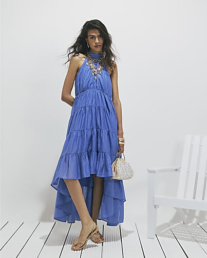 Blue Halter Neck Tiered Maxi Dress
