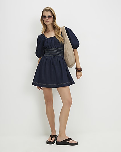 Blue Denim Mini Smock Dress