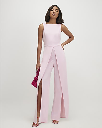 Pink Sleeveless Split Leg Racer Neck Jumpsuit