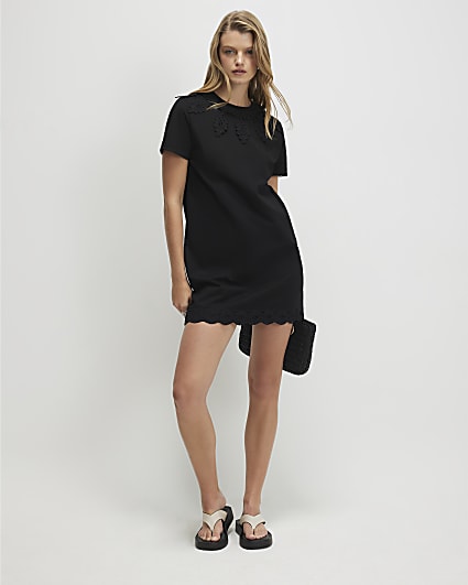 Black Cotton Embroidered Mini T-shirt Dress