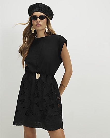 Black Cotton Lace Detail Mini Dress