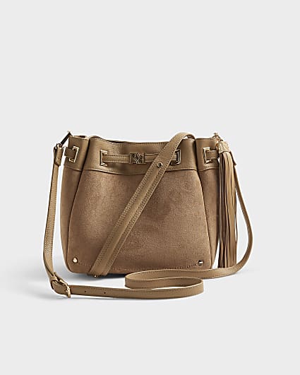 Beige Faux Suede Tassel Bucket Bag