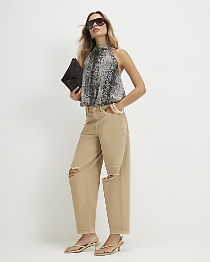 Beige Ripped Barrel Leg Jeans