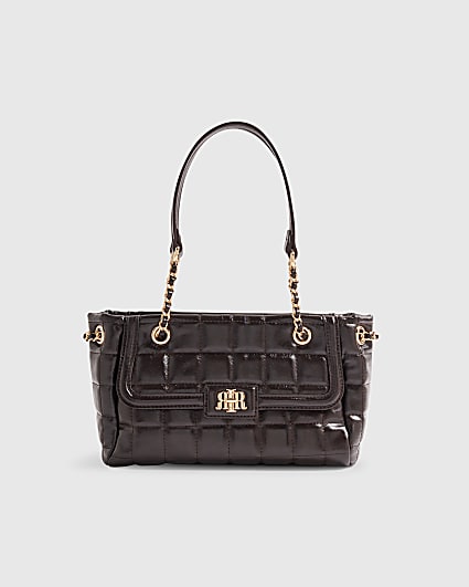 Brown Quilted Chain Handle Shoulder Bag