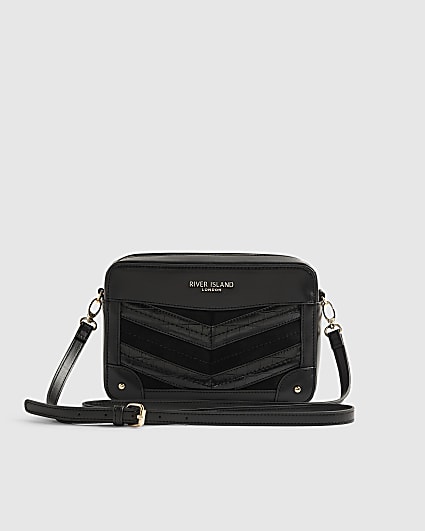 Black Panelled Chevron Boxy Cross Body Bag