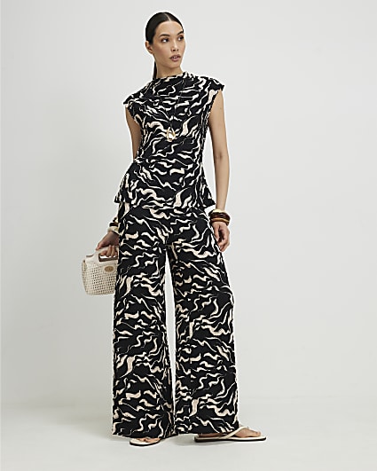 Black Abstract Wide Leg Trousers
