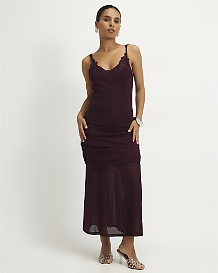 Petite Red Lace Trim Drape Midi Dress