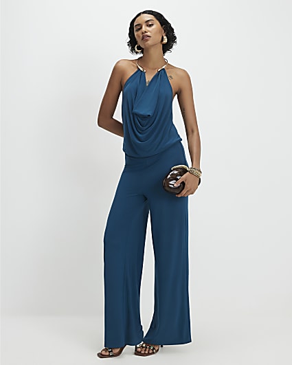 Blue Metal Trim Cowl Neck Jumpsuit