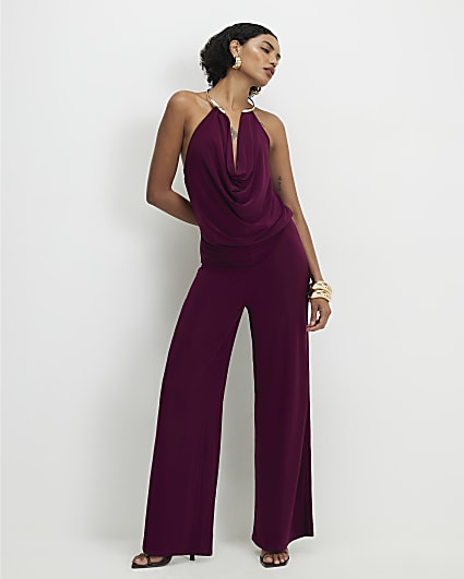 Red Metal Trim Cowl Neck Jumpsuit