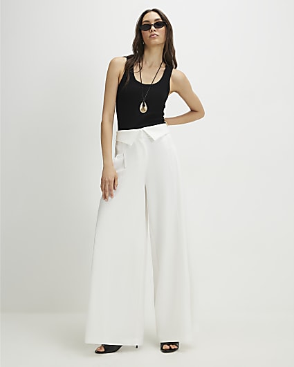 White Foldover Waistband Wide Leg Trousers