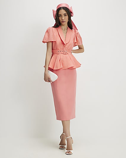 Orange Premium Pleated Peplum Pencil Dress