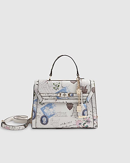 Cream Postcard Print Medium Charm Tote Bag