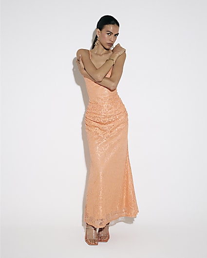 Orange Lace Drape Maxi Dress