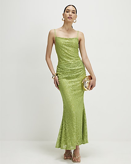 Green Lace Drape Maxi Dress
