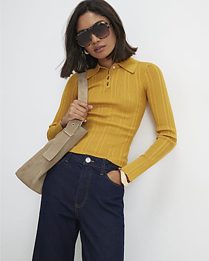 Yellow Knit Long Sleeve Polo Top