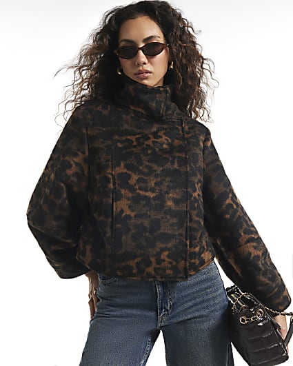 Brown Leopard Funnel Neck Jacket