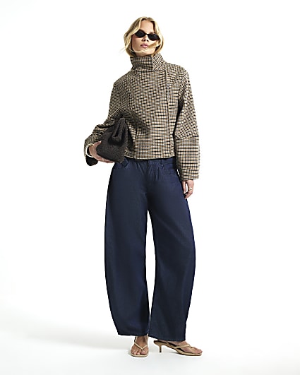 Brown Check Funnel Neck Cocoon Sleeve Jacket