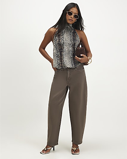 Petite Brown Mid Rise Barrel Leg Jeans