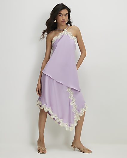 Purple Layered Lace Trim Satin Slip Dress