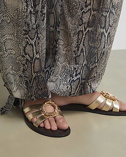 Gold Wide Fit Leather Bead Ring Flat Sandals
