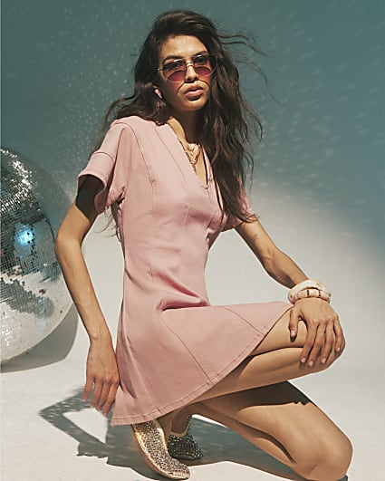 Pink Denim Seamed Mini Dress