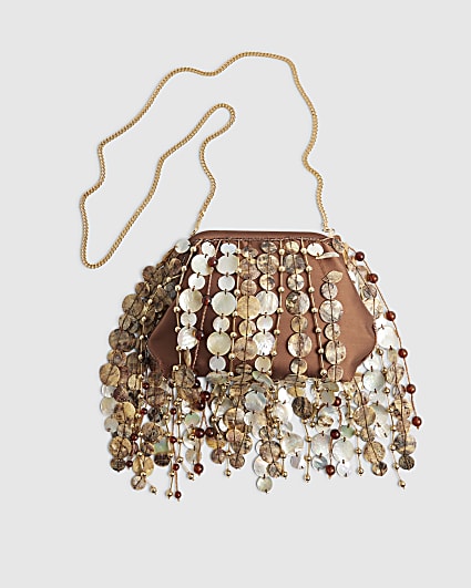 Brown Premium Fringe Shell Clutch Bag