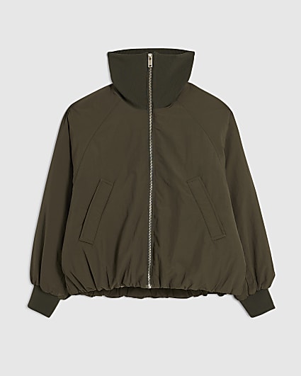 Petite Khaki Ribbed Bubble Bomber Jacket