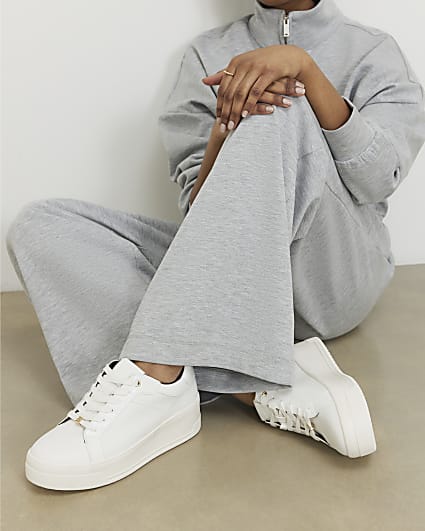 White Wide Fit Lace Up Flatform Trainers