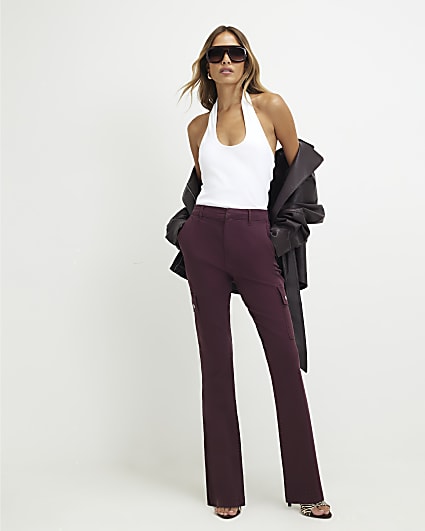 Burgundy Mid Rise Slim Flared Cargo Jeans