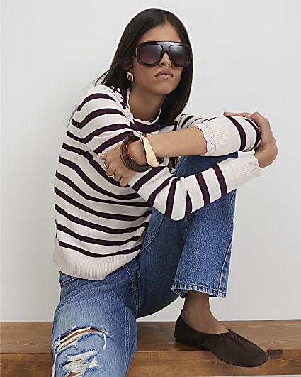 Pink Knitted Stripe Pointelle Trim Top